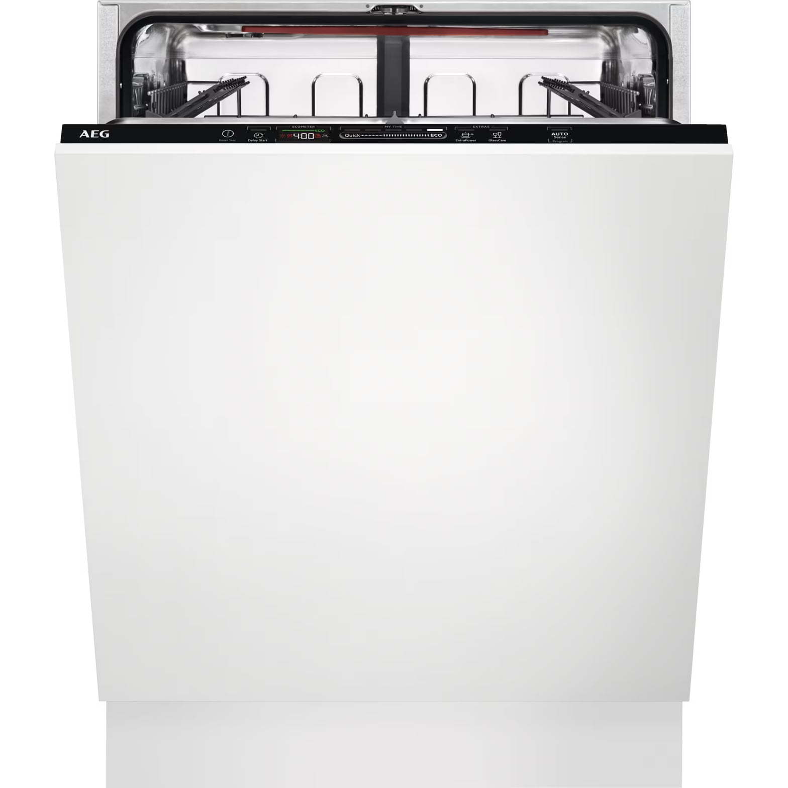 Lave-vaisselle tout intégrable AEG avec la porte entrouverte en fin de cycle par la fonction AirDry