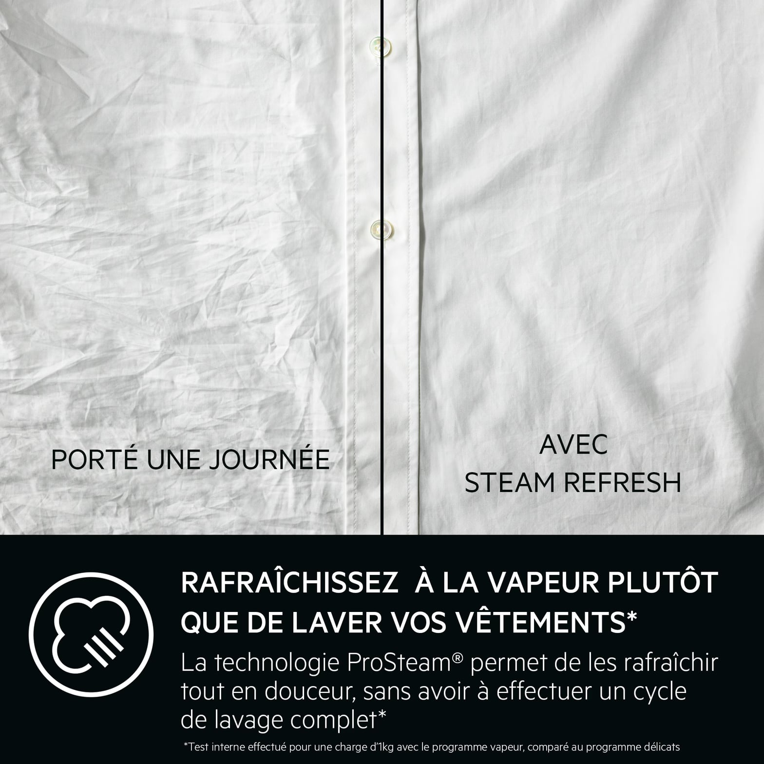 Comparatif avant/apres ProSteam AEG : chemise blanche defroissee par le programme Steam Refresh