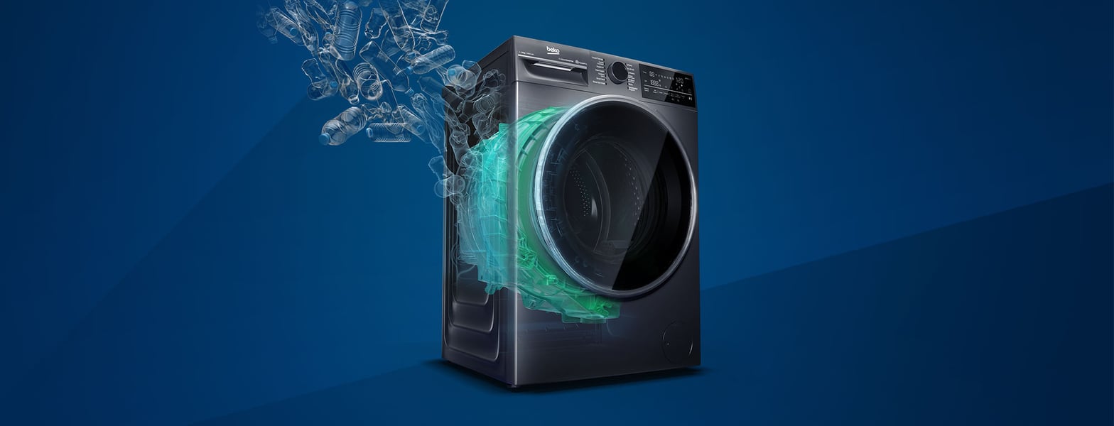 Beko AquaWave : tambour avec flux d'eau vert et bouteilles plastique recyclées