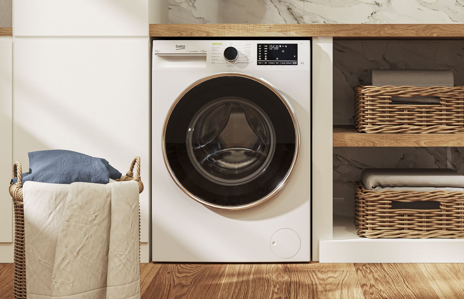Lave-linge Beko AquaWave intégré dans buanderie moderne avec paniers en osier