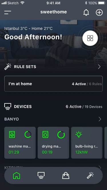 Capture d'ecran de l'application Beko HomeWhiz tableau de bord avec rule sets et devices