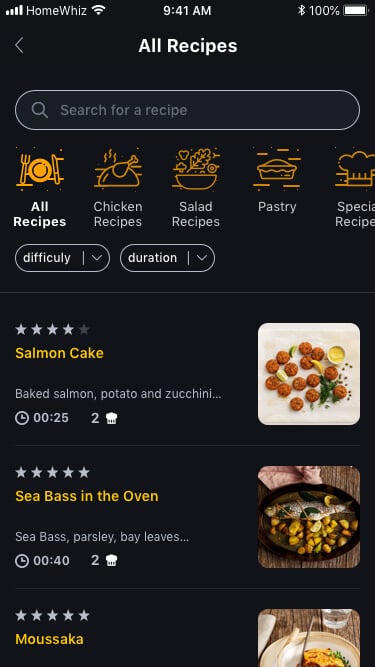 Capture d'ecran HomeWhiz module recettes connectees four Beko