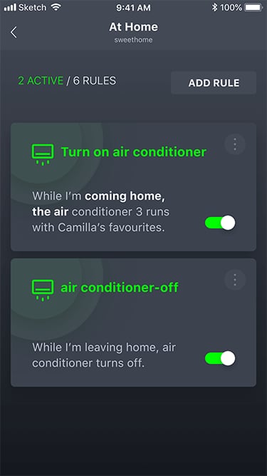 Capture d'ecran HomeWhiz automatisations climatiseur Beko regles smart home