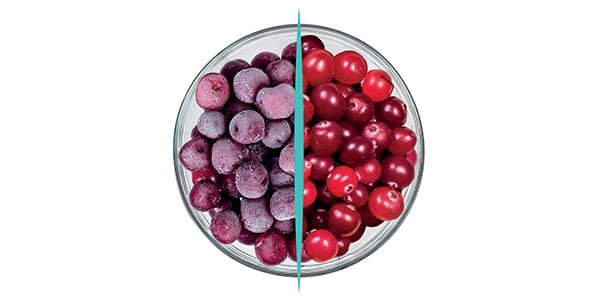 Infographie Beko opposant aliments congelés et aliments frais pour illustrer le double circuit NeoFrost Dual Cooling