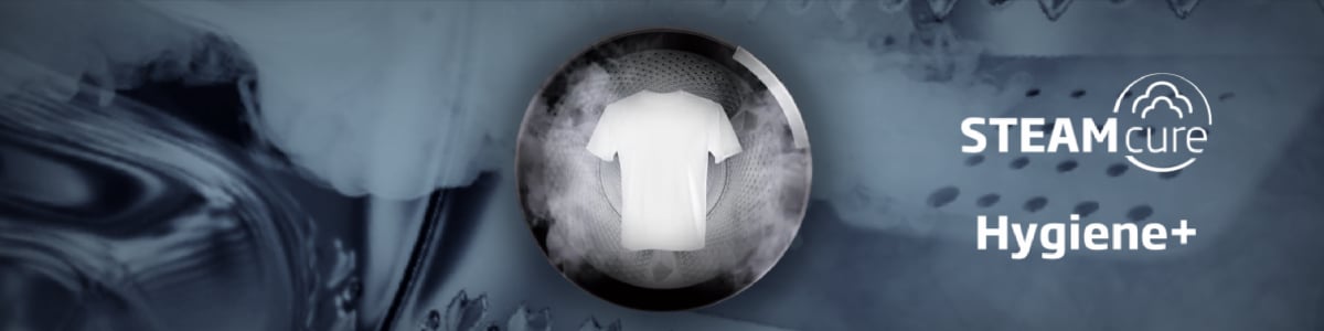 Bannière technologie SteamCure Beko avec vapeur enveloppant un t-shirt dans un tambour de lave-linge