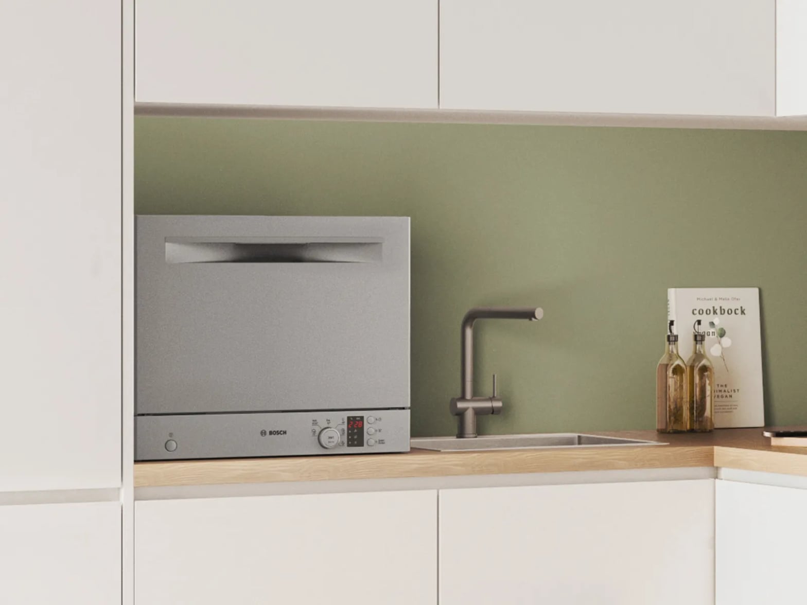 Lave-vaisselle compact Bosch avec capteur AquaSensor sur plan de travail cuisine moderne