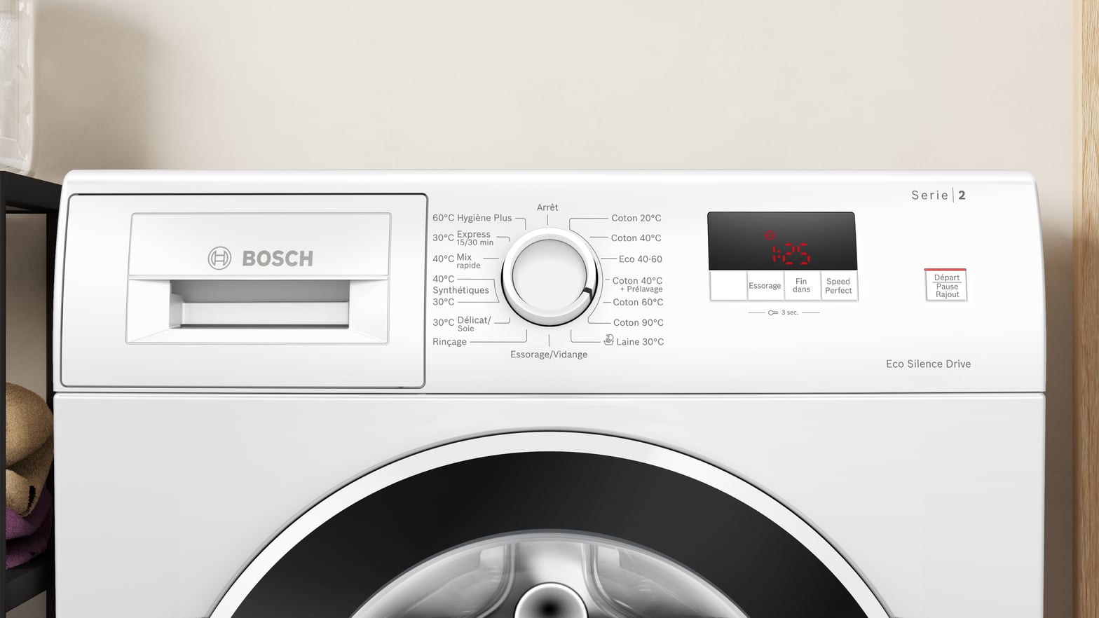 Lave-linge Bosch Serie 2 en buanderie avec mention Eco Silence Drive
