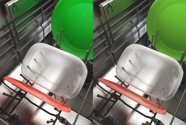 Comparaison avant apres PerfectDry Bosch assiette plastique humide vs seche