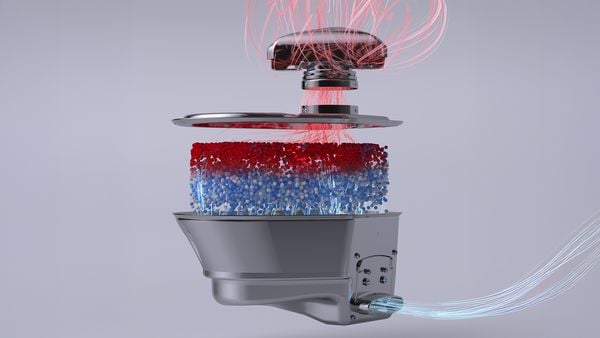 Schéma du séchage à la zéolithe PerfectDry de Bosch, billes minérales qui captent l'humidité et diffusent la chaleur dans la cuve