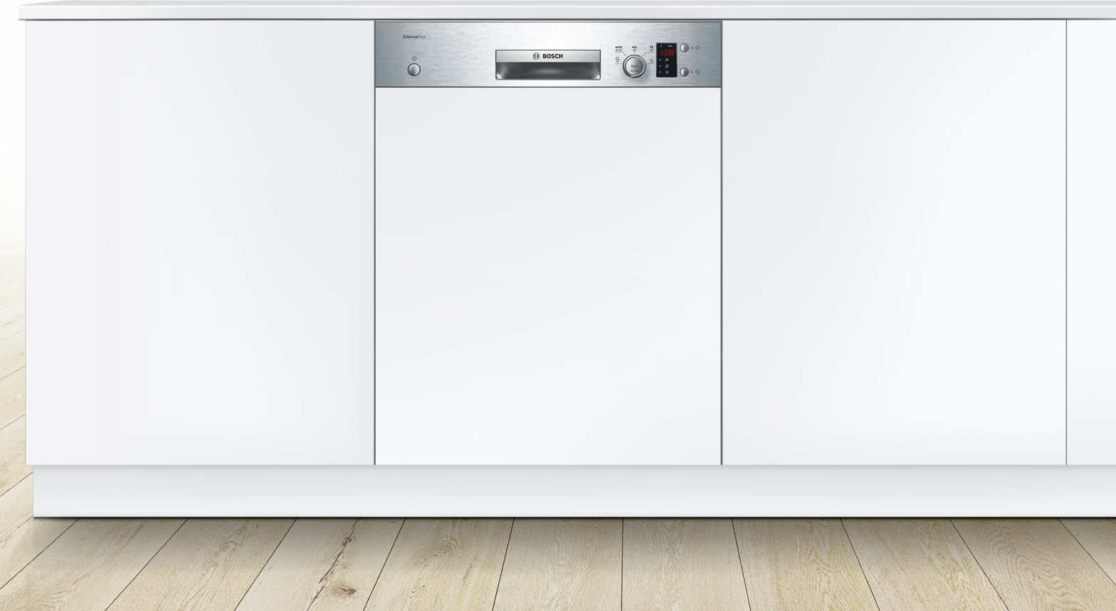 Lave-vaisselle BOSCH SilencePlus intégrable installé dans une cuisine blanche