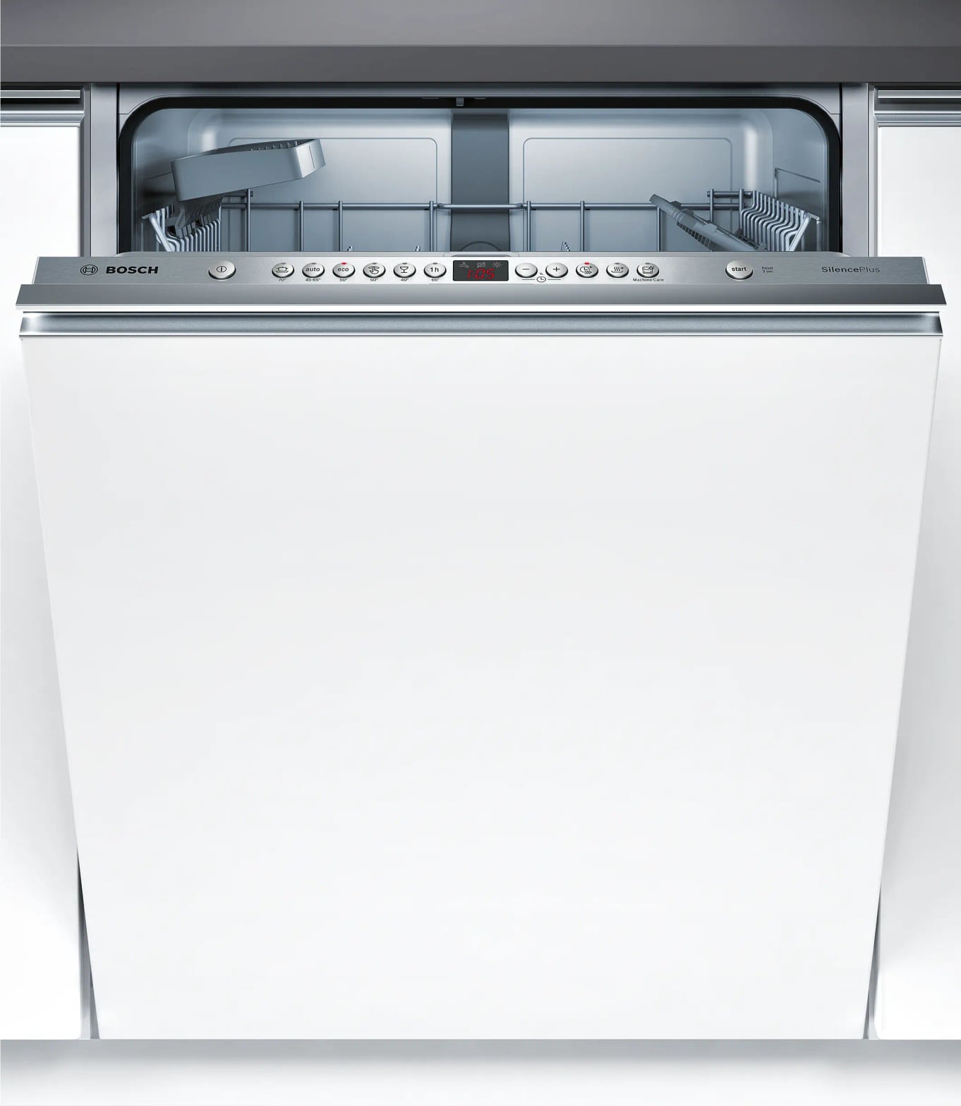 Lave-vaisselle BOSCH SilencePlus tout intégrable entr'ouvert vue de face