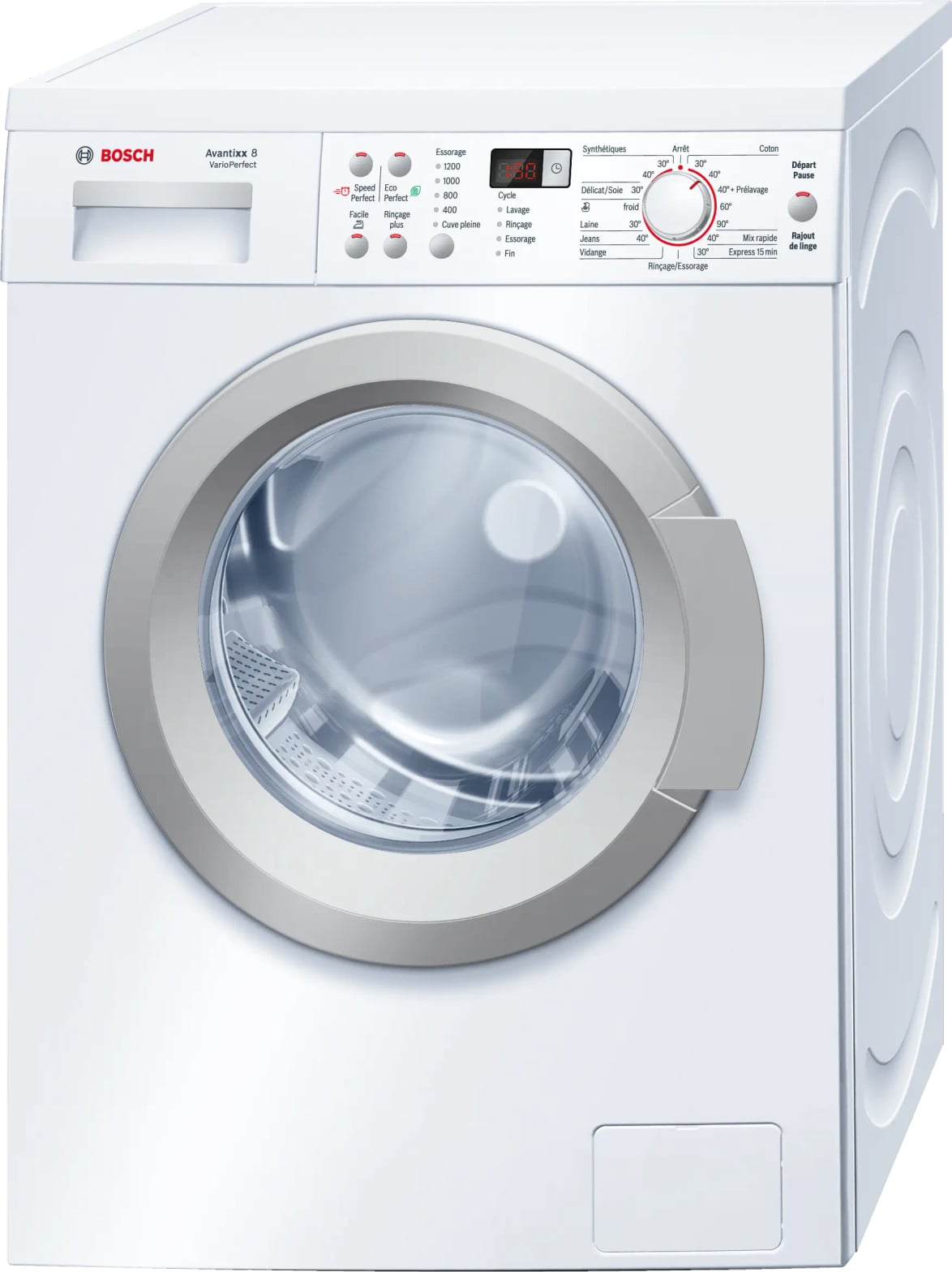 Lave-linge BOSCH Avantixx 8 VarioPerfect avec boutons Speed Perfect et Eco Perfect bien visibles
