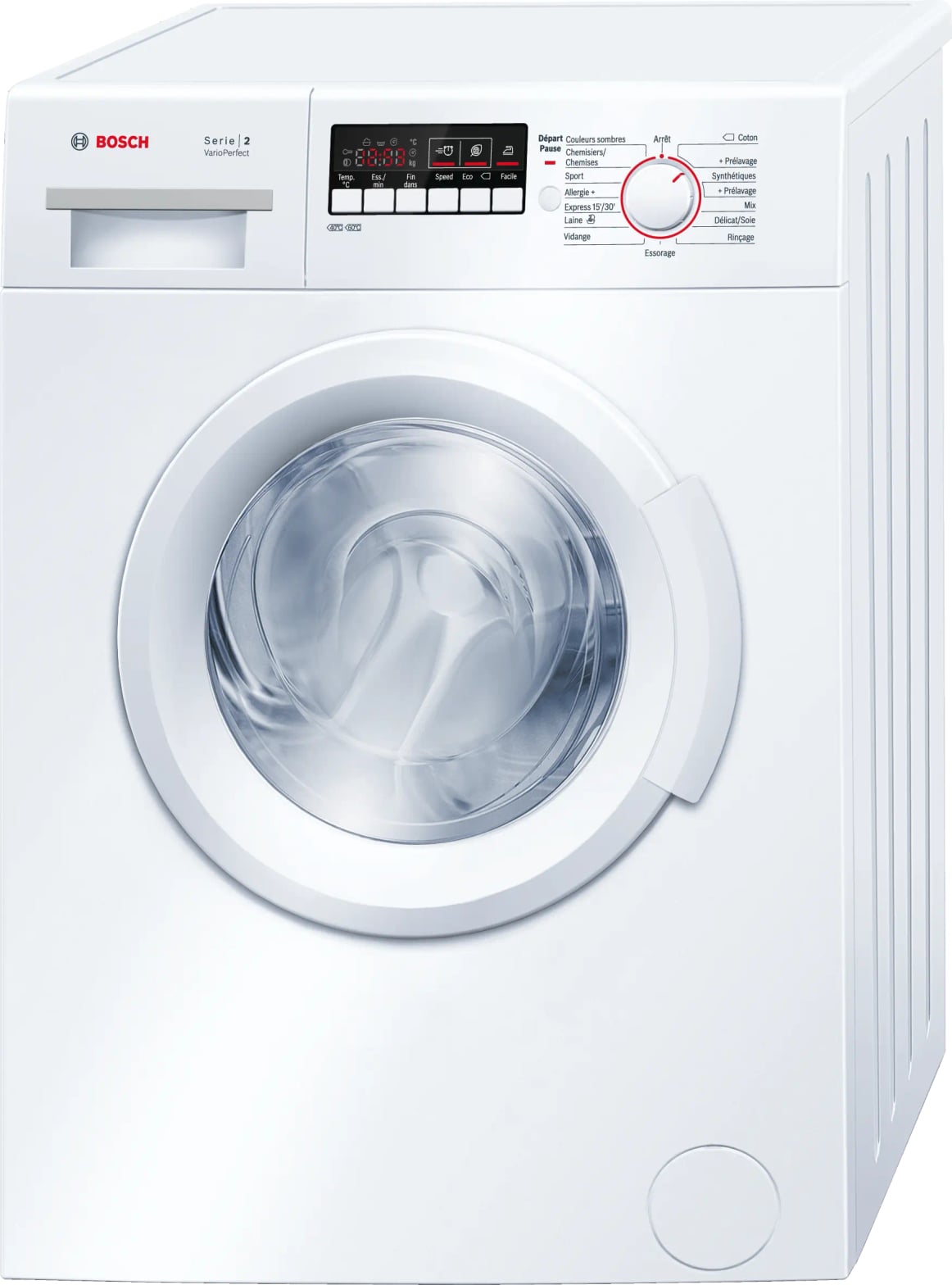 Lave-linge BOSCH Serie 2 VarioPerfect avec indicateurs Speed et Eco visibles sur le tableau de commande
