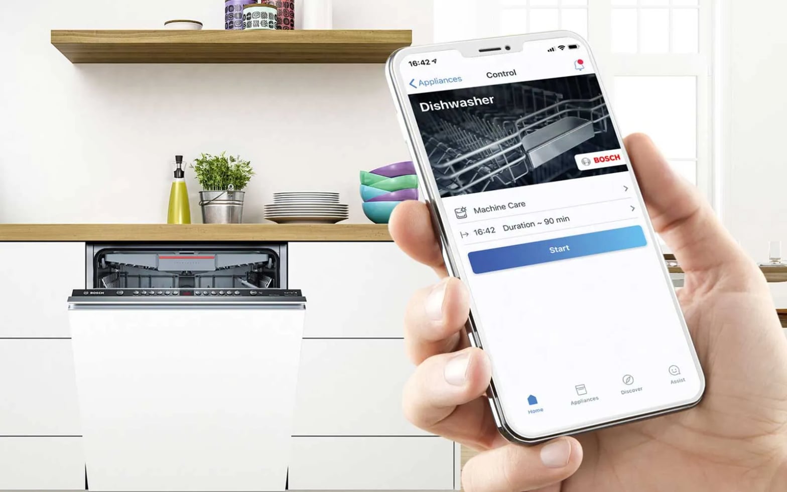 App Home Connect Bosch affichant durée 90 min cycle lave-vaisselle, contrôle des programmes VarioSpeed
