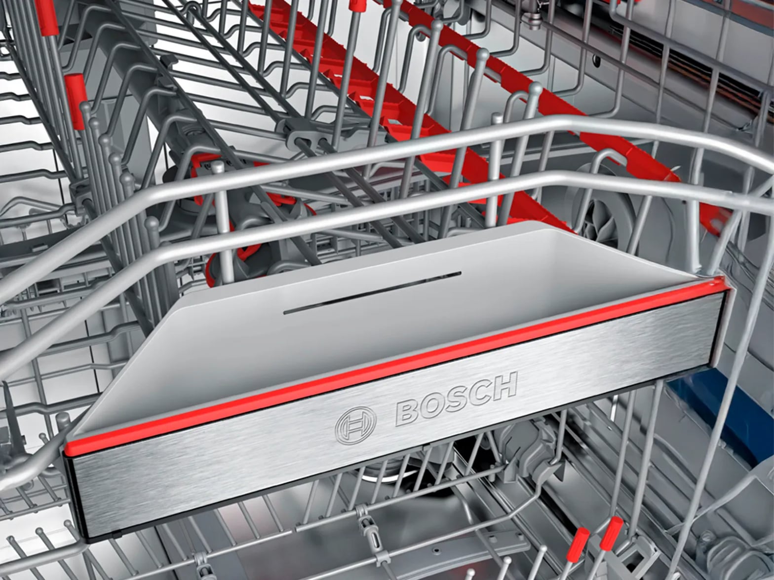 Intérieur de lave-vaisselle Bosch avec rampes d'aspersion rouges, composants VarioSpeed