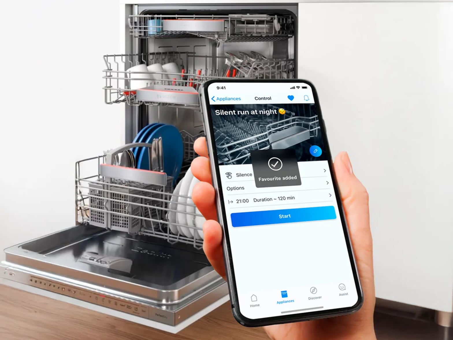 App Home Connect Bosch programmation cycle silencieux 120 min, contrôle programmes lave-vaisselle