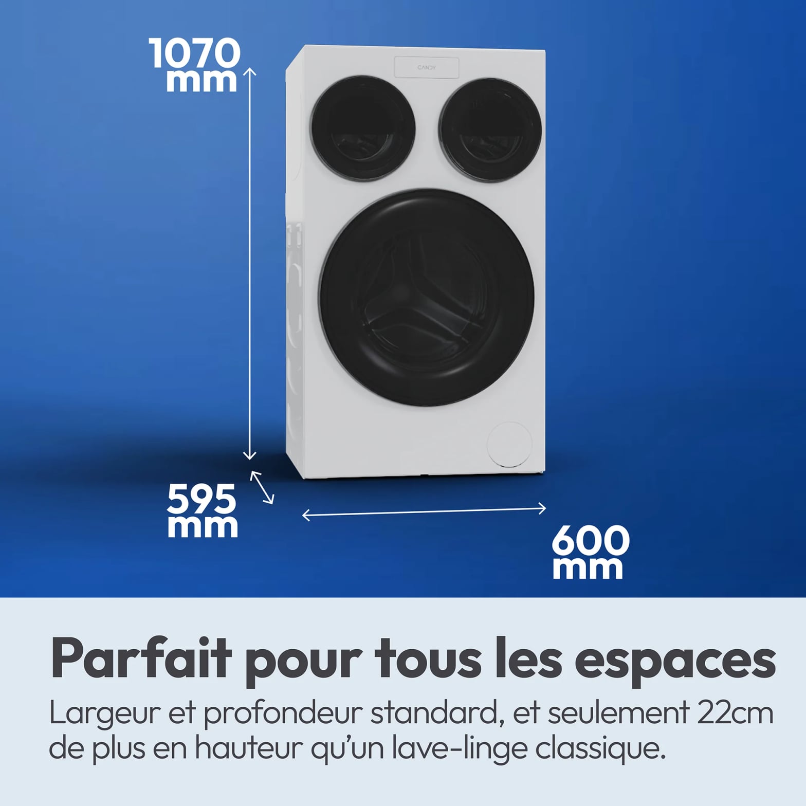 Lave-linge Candy équipé du capteur de pesée Kg Detector, vue des dimensions et de l'encombrement compact