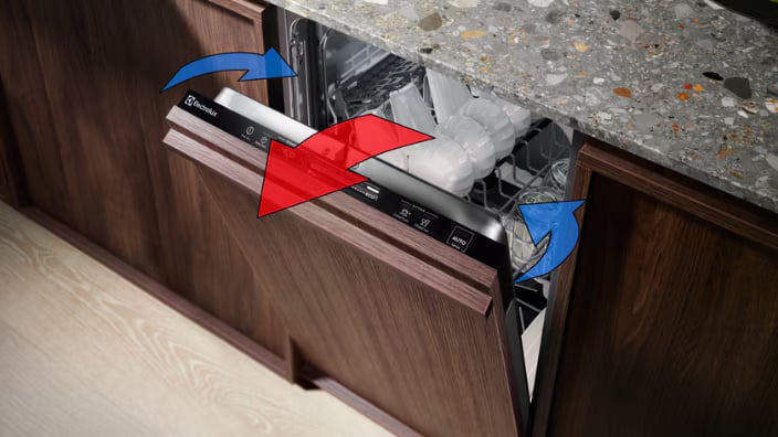 Schéma AirDry Electrolux montrant la circulation d'air par la porte entrouverte du lave-vaisselle