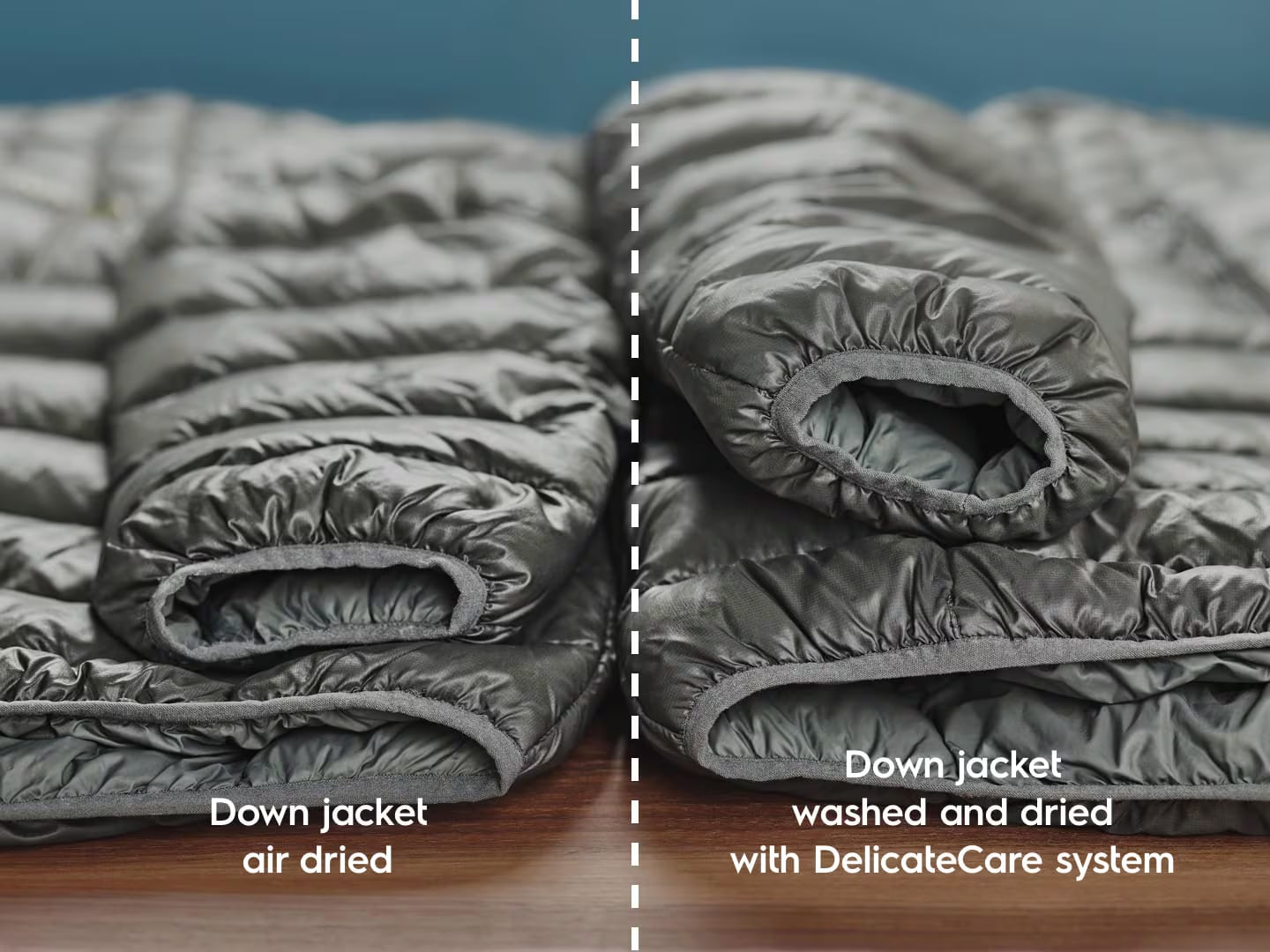 Comparaison doudoune aplatie vs gonflee apres DelicateCare DualCare Electrolux