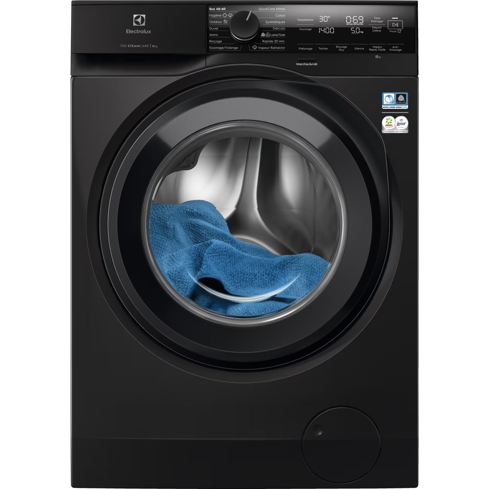 Lave-linge Electrolux SteamCare 700 8kg avec Eco Inverter, vue frontale de face