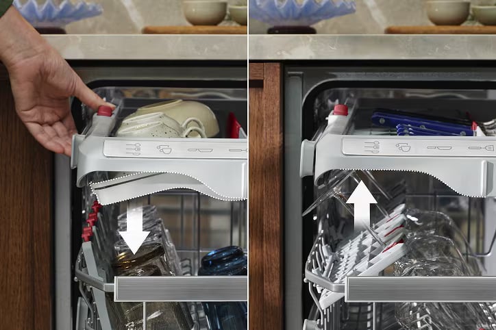 Démonstration FlexiLift Electrolux, panier supérieur ajustable en hauteur selon les ustensiles