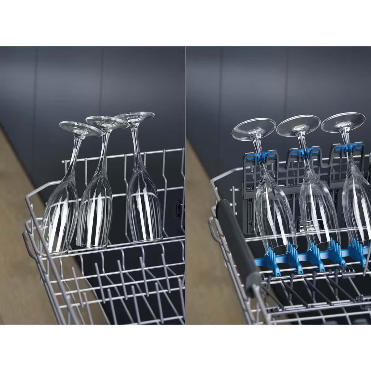 Verres à pied tenus par les supports SoftGrips de la techno GlassCare Electrolux
