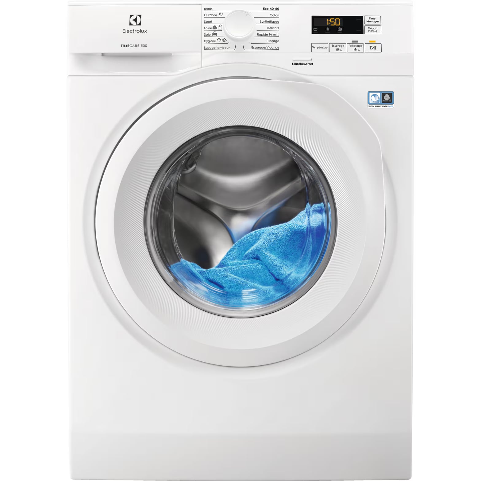 Lave-linge Electrolux TimeCare 500 avec touche Time Manager sur le panneau de commande