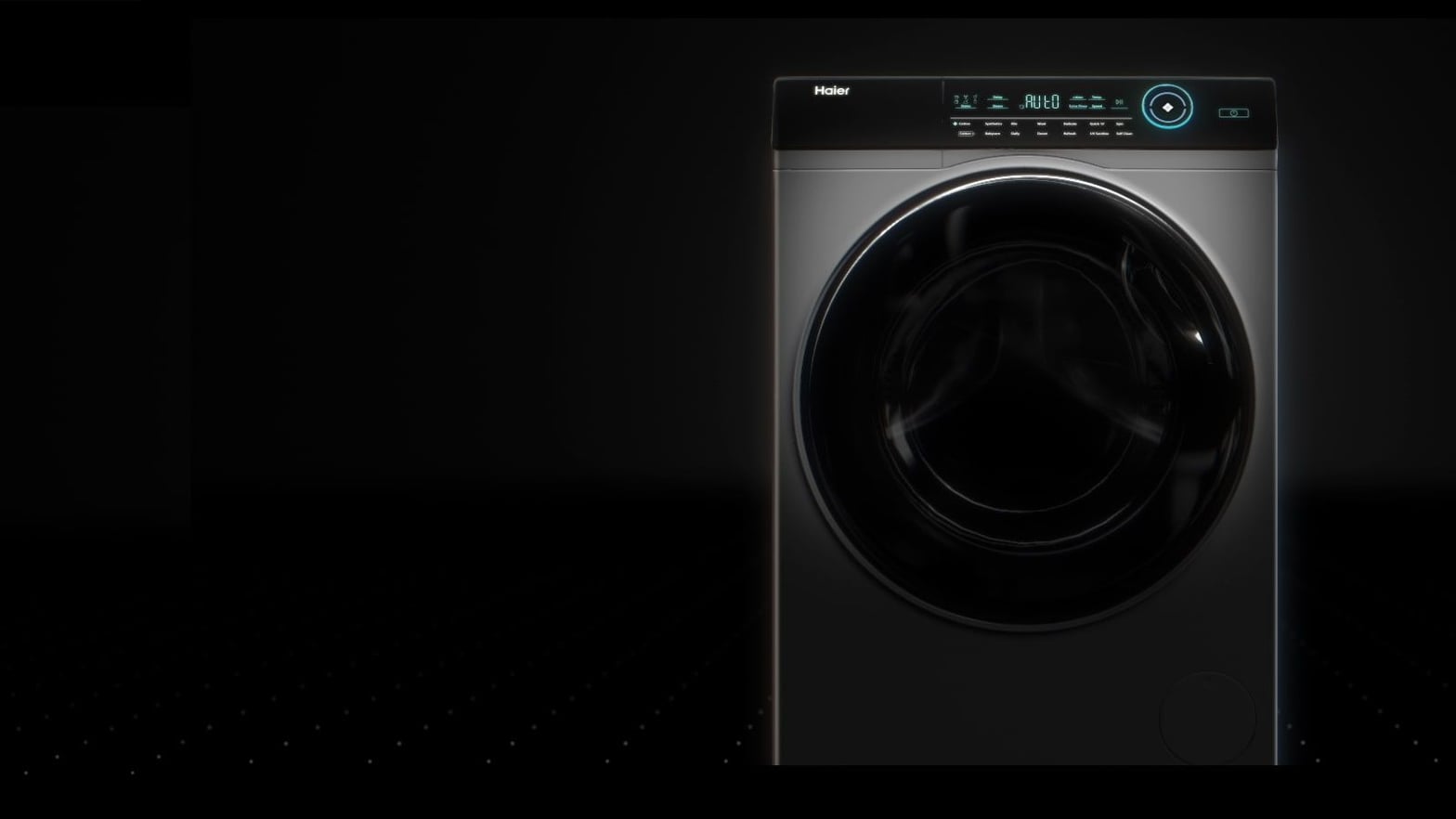 Lave-linge Haier avec moteur Direct Motion sur fond noir, écran de commande AUTO visible