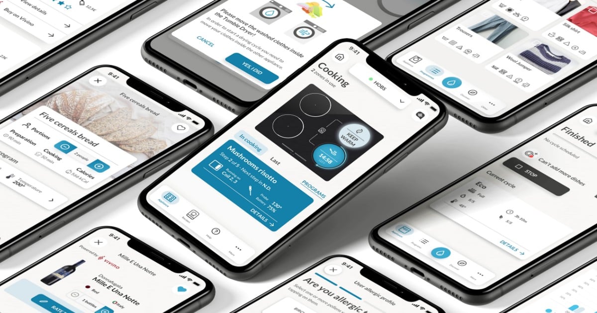 Interface application hOn sur smartphones : sélection programmes, recettes, contrôle à distance appareils Haier