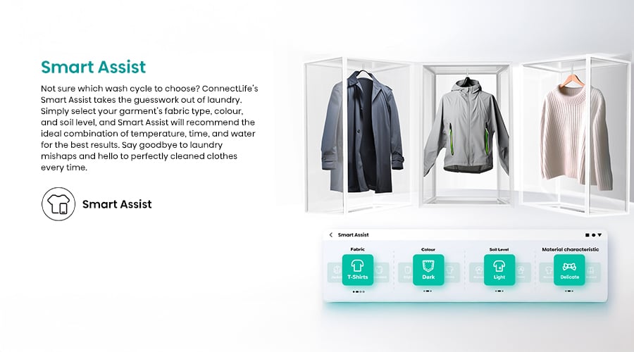 Fonction Smart Assist de ConnectLife recommandant le cycle de lavage idéal selon tissu, couleur et salissure