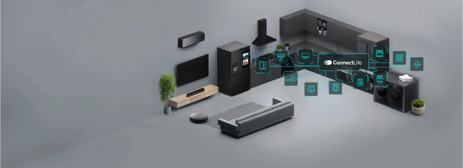 Écosystème ConnectLife Hisense reliant tous les appareils électroménagers et TV de la maison connectée