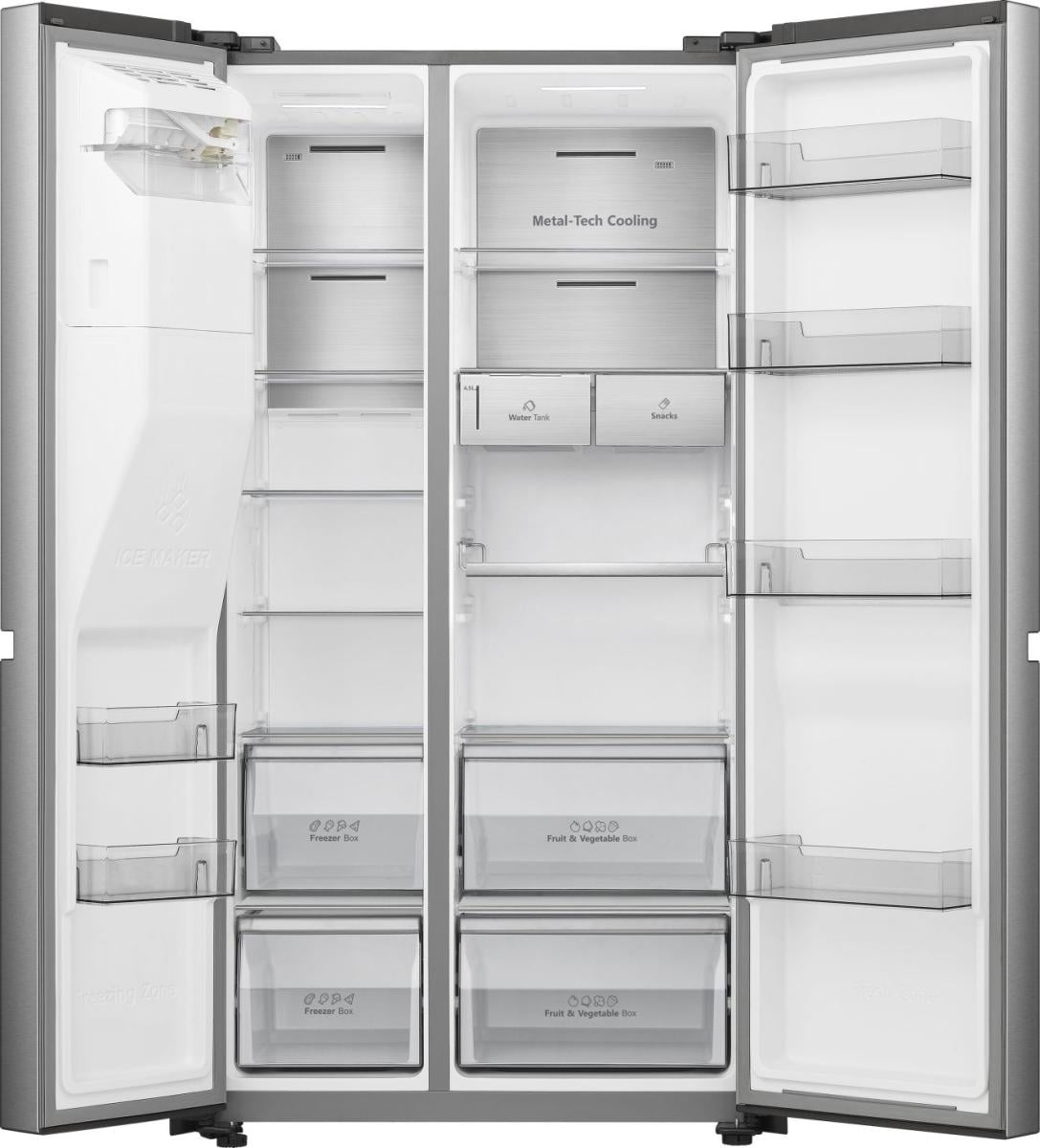 Réfrigérateur side-by-side Hisense vide montrant la paroi inox Metal-Tech Cooling