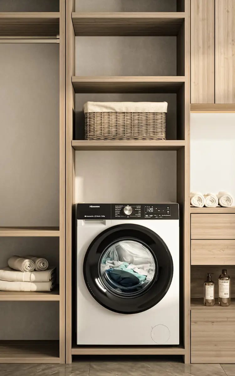 Machine à laver HISENSE avec Pause & Add montrant le tambour rempli de linge turquoise
