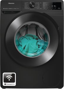 Lave-linge HISENSE noir avec Pause & Add, tambour rempli d'eau et de linge turquoise