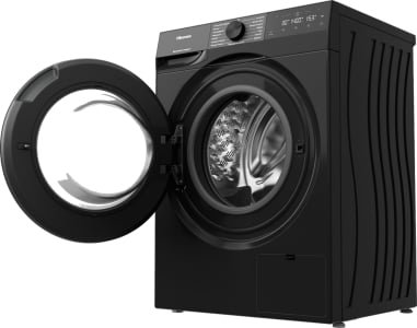 Lave-linge HISENSE noir avec porte ouverte révélant le tambour vide, fonction Pause & Add activable