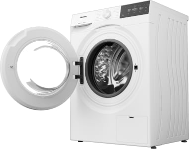 Lave-linge blanc HISENSE avec porte grande ouverte montrant l'accès au Pause & Add