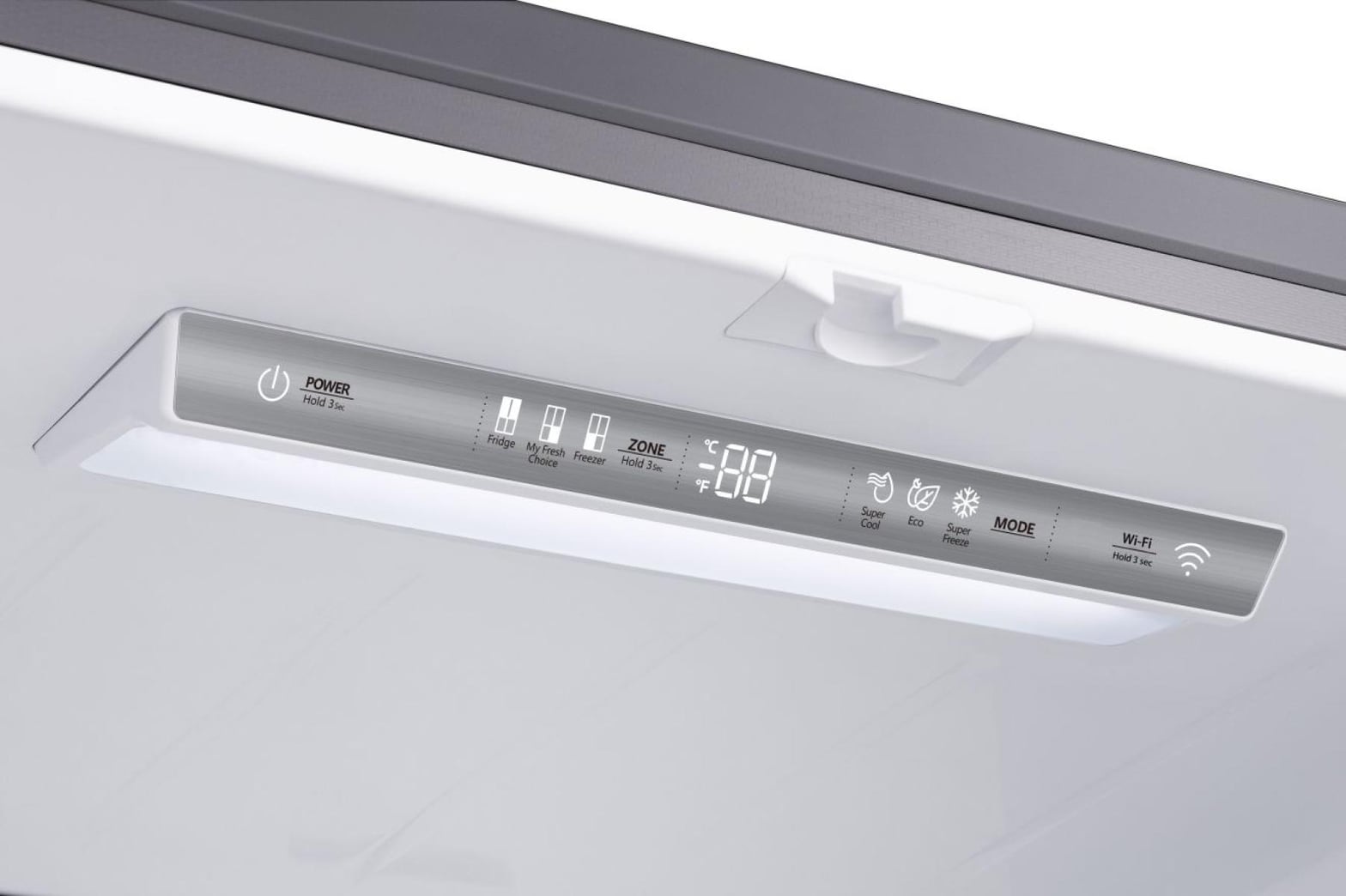 Bandeau de commande Hisense affichant les boutons Super Cool et Super Freeze d'un réfrigérateur multiportes