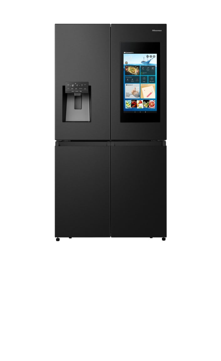 Réfrigérateur cross-door Hisense noir rendu 3D montrant le design symétrique des portes