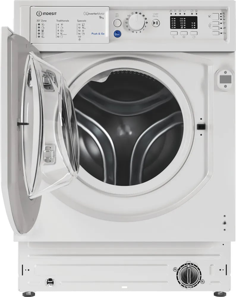 Lave-linge Indesit BI WMIL 9146 FR hublot ouvert montrant le tambour nettoyé par le cycle Auto-Clean