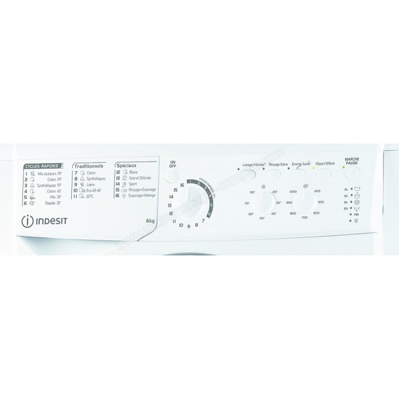 Touche Energy Saver Indesit sur bandeau lave-linge EWC61051WFRN, lisibilité maximale