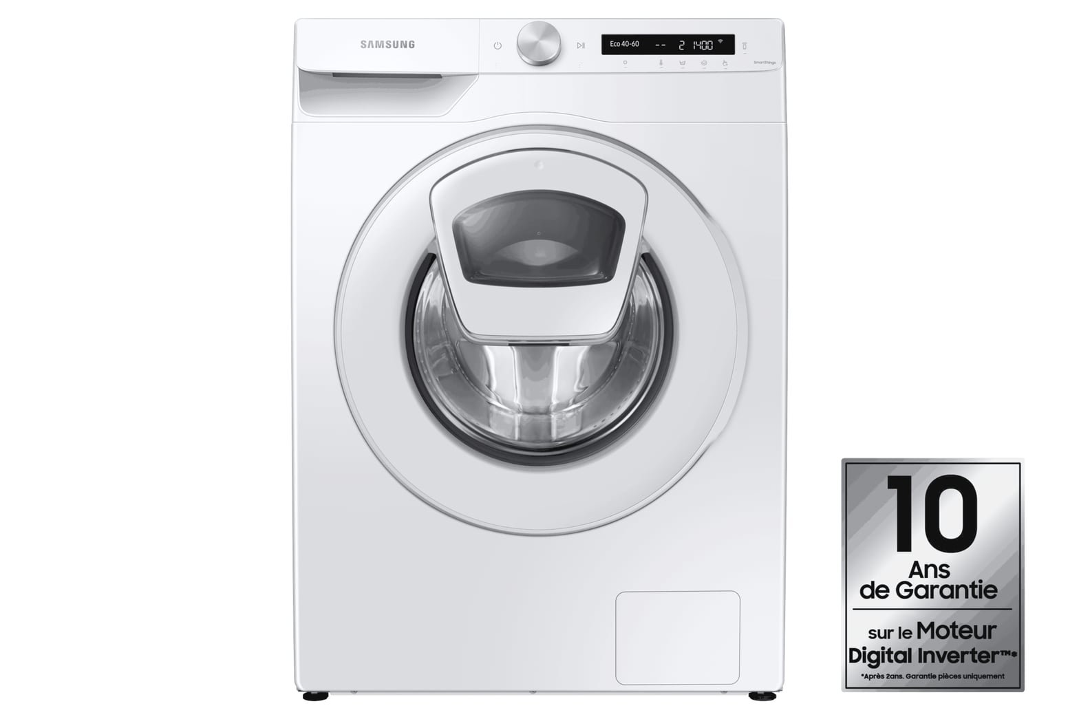 Lave-linge Samsung AddWash blanc vue de face avec trappe AddWash sur le hublot