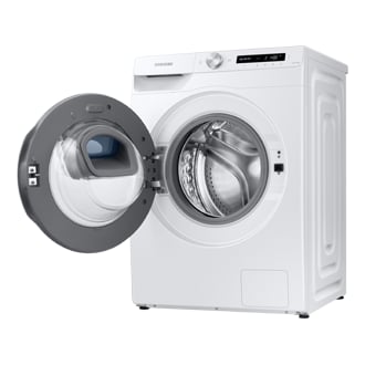 Lave-linge Samsung AddWash porte ouverte vue trois-quarts avec tambour visible