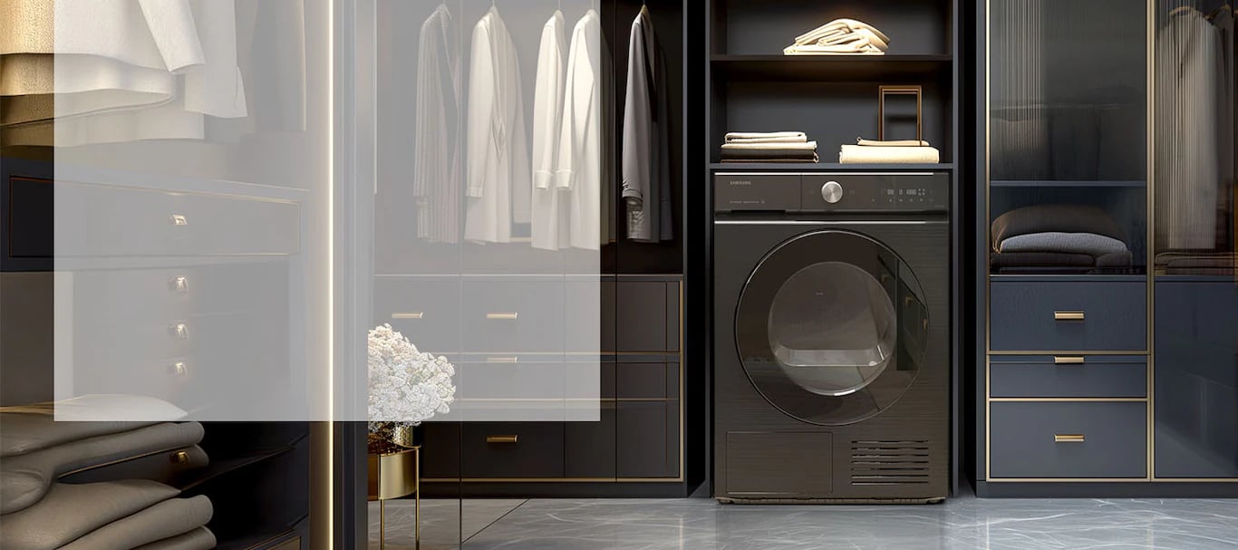 Sèche-linge Samsung encastré dans un dressing, illustration de la fonction Air Wash