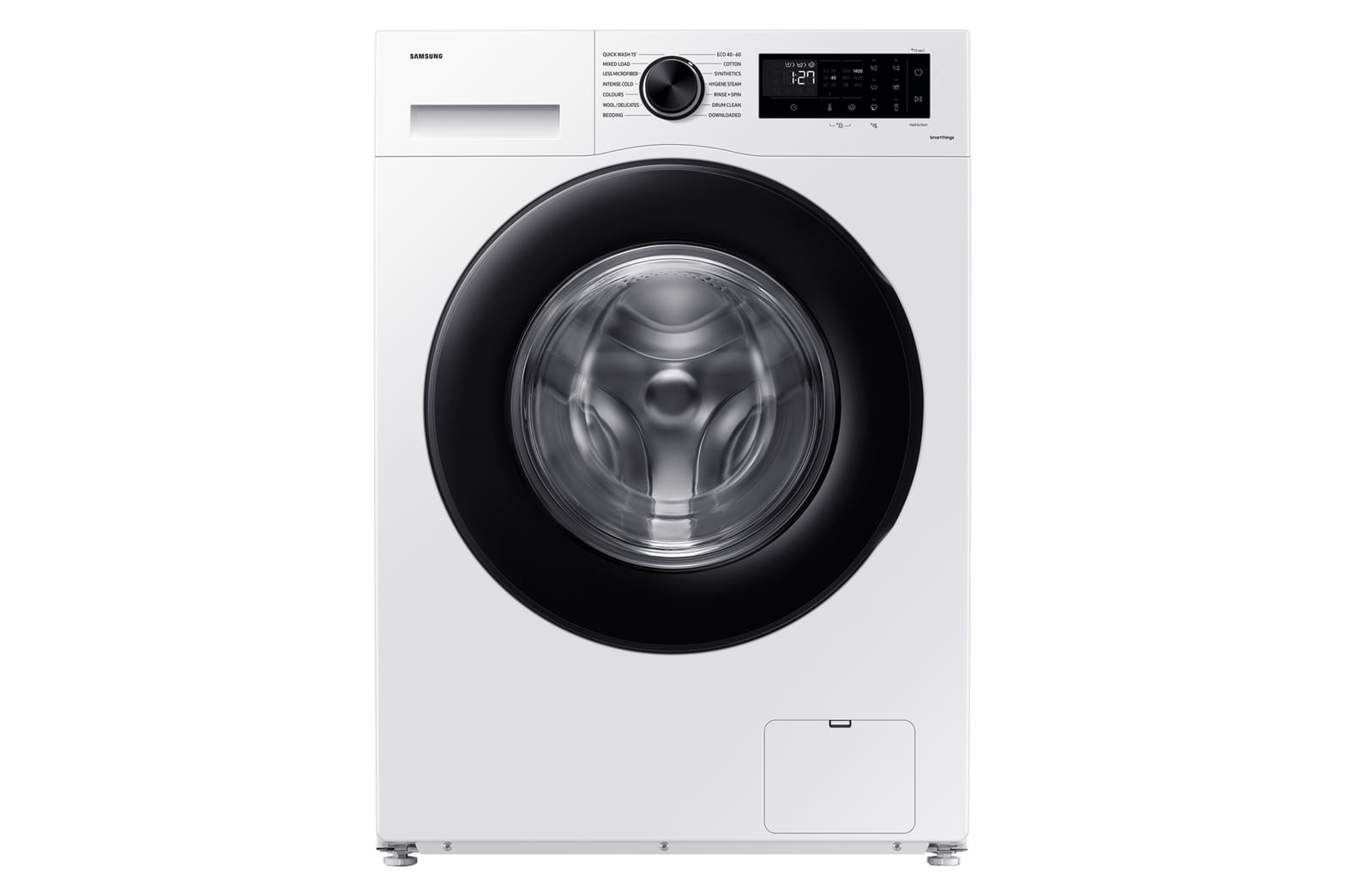 Lave-linge Samsung WW5000C blanc avec hublot à contour noir, tambour Crystal Care visible