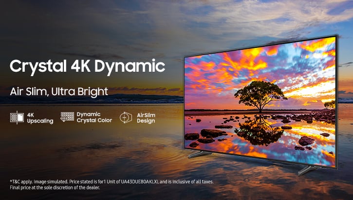 Visuel Samsung Crystal 4K Dynamic mettant en avant l'upscaling 4K et le Dynamic Crystal Color du Crystal Processor 4K