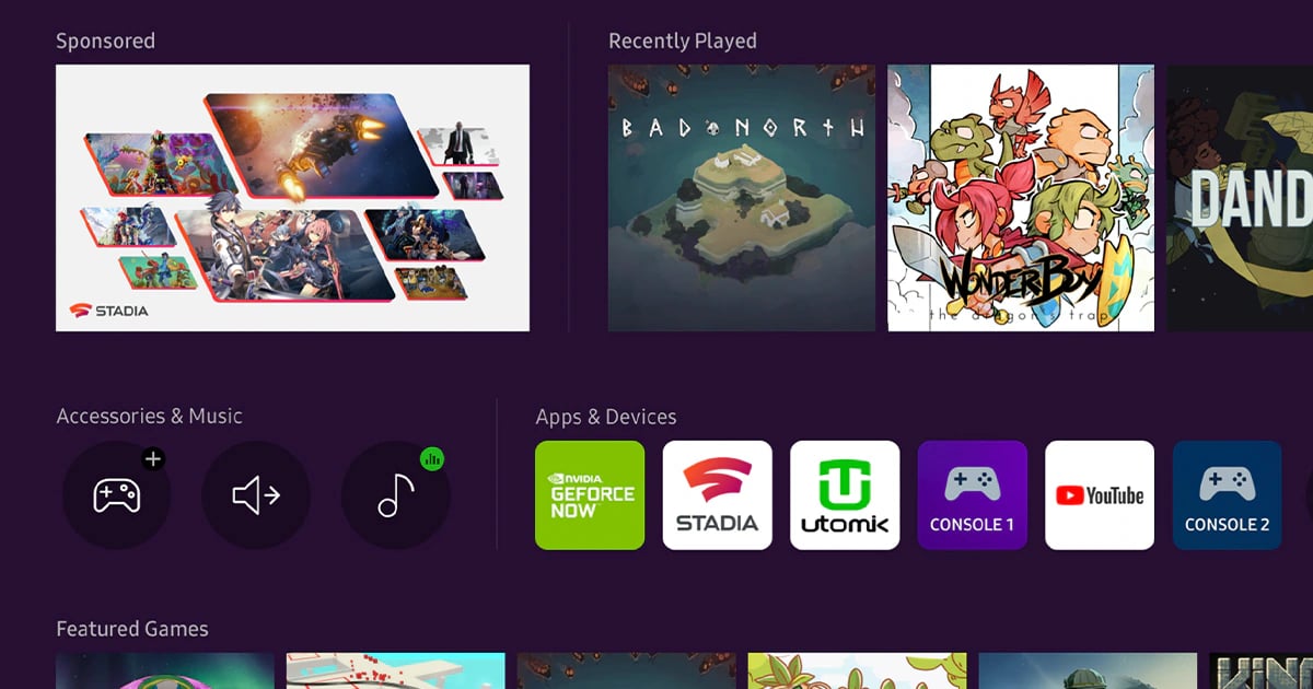 Interface Gaming Hub de Samsung avec ses services de cloud gaming et sa bibliothèque de jeux