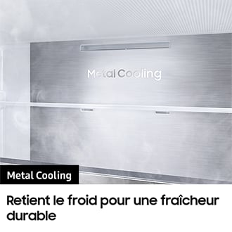 Paroi Metal Cooling Samsung gravée sur fond métal brossé avec buée froide