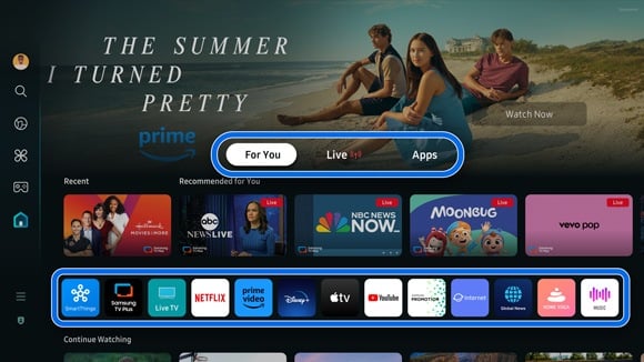 Interface Smart Hub Samsung avec onglets For You/Live/Apps et apps épinglées surlignés