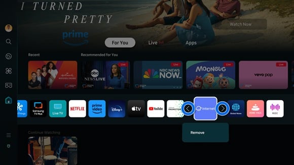 Interface Smart Hub Samsung en mode édition pour retirer une application de la rangée épinglée