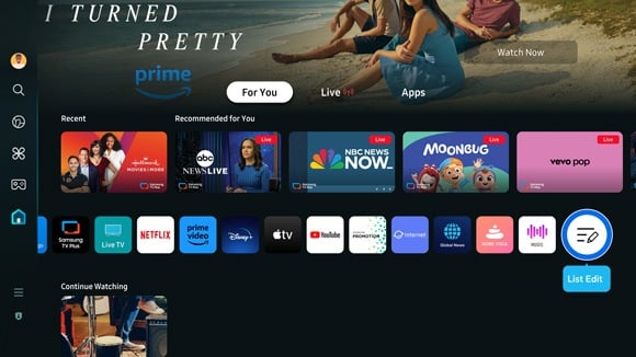 Interface Smart Hub Samsung avec bouton List Edit pour réorganiser les applications
